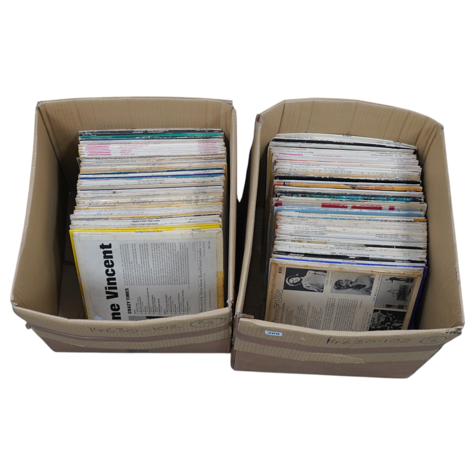 Two boxes of LP record albums, including some compilations and soundtracks, artists including; Billy J. Kramer, the Bee Gees, the Searchers, Jerry and the Pacemakers, Bill Haly and His Comets, Johnny Otis, Neil Diamond,